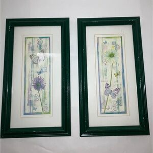 Vintage 1960's Antique Green Framed Green & Purple Butterfly Flower Prints 🦋